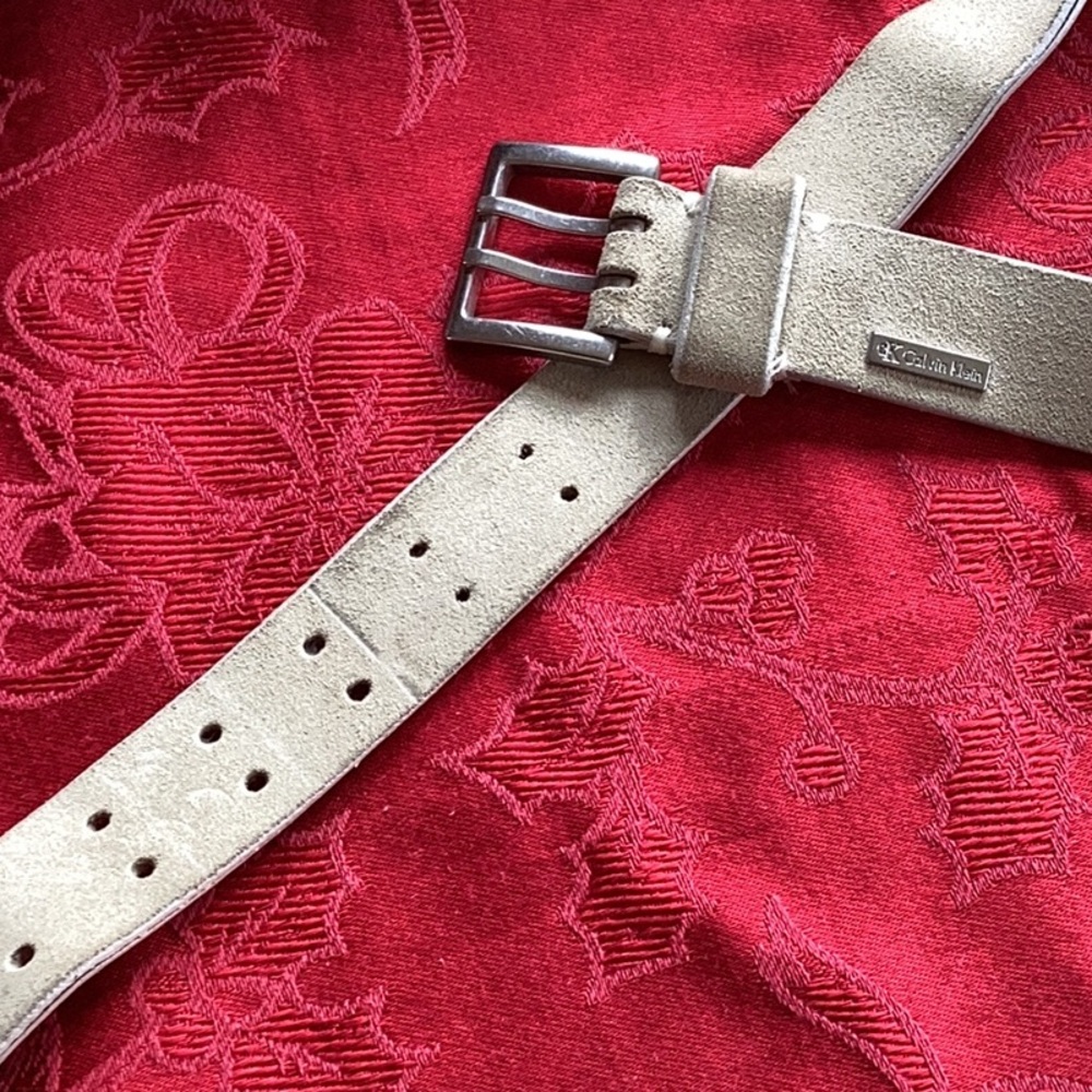 CK   Vintage CALVIN KLEIN BEIGE TAUPE Belt SILVER BUCKLE  UNISEX Distressed